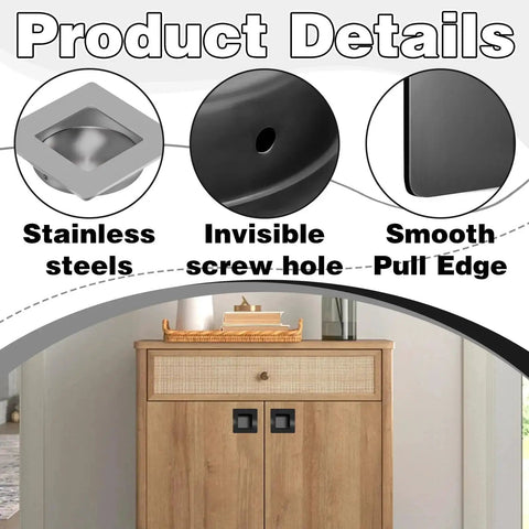 Product details showing stainless steel, invisible screw hole, and smooth pull edge for 4 Pack Black Stainless Steel Flush Door Handles