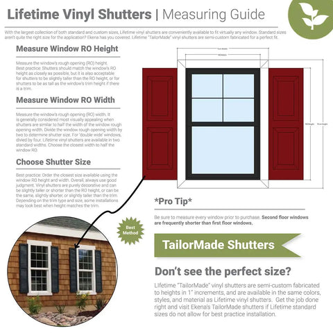 Lifetime vinyl shutters measuring guide with red shutters and window illustration.