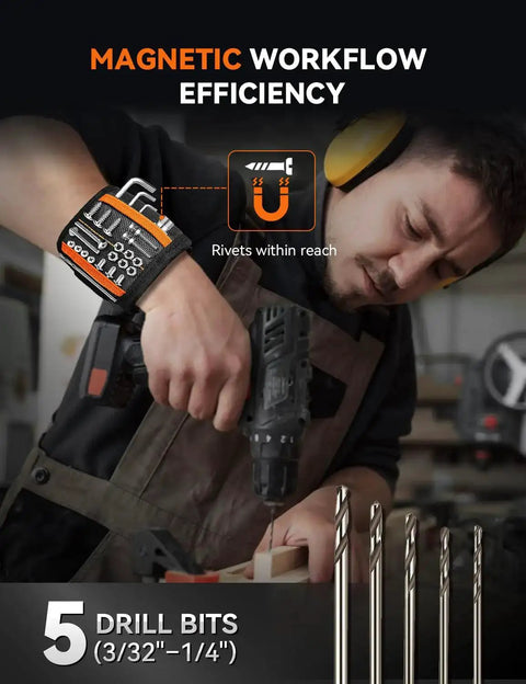 Man using Pro Rivet Gun Kit With Drill Bits And Magnetic Wristband Heavy Duty Two Handed Riveter For Metal Gutters Auto Work