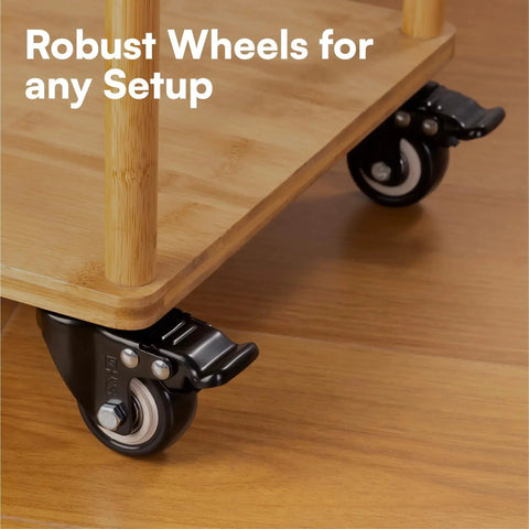 Heavy-Duty Caster Wheels With Brakes For Trolleys And Outdoor Furniture shown on a wooden cart corner.