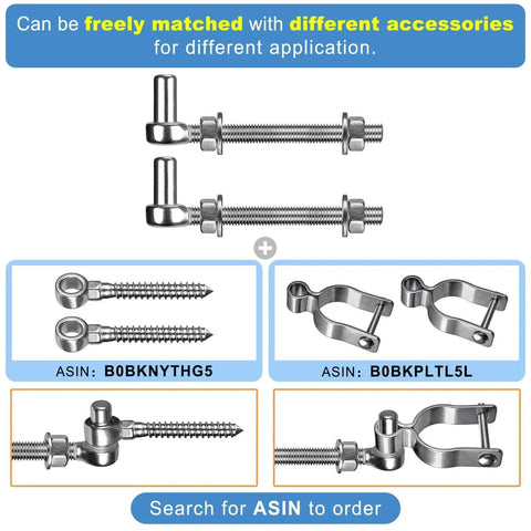 J Bolt Gate Hinge 304 Stainless Steel Farm Gate Hinges with M12 6 Inch Bolt and 5/8 Inch Pin shown with accessories