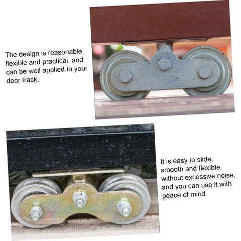 Heavy Duty Sliding Barn Door Roller Kit With Beefy Gate Rollers And Steel Track visibly installed, close-up view.