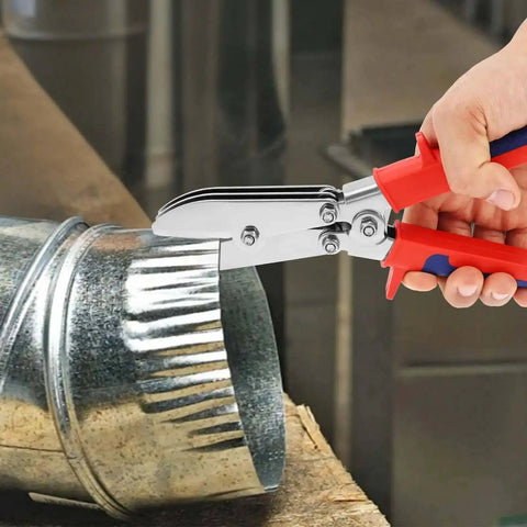 Five Blade Hand Crimper Pro Grade Heavy Duty Rust Resistant Gutter Crimping Tool with Ergonomic Handle in use on metal duct