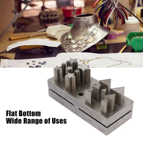 Dope 15 Piece Disc Cutter Set With Pentagram Triangle Shaped Punch Die for jewelry making, displayed on a workshop table.