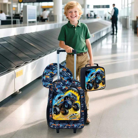 Child with Five Piece Kids Suitcase Set For Boys 18 Inch Truck Themed Carry On Luggage With Wheels, airport setting