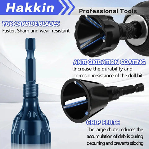 Versatile 4 Pack Burr Busting Deburring External Chamfer Tool Set with tungsten carbide blades by Hakkin showing YG8 carbide blades.