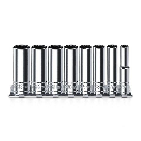1/4 Inch Drive Deep Socket Set, 8 Piece Metric 12 Point From 6mm To 13mm, Chrome Vanadium Steel with sturdy holder