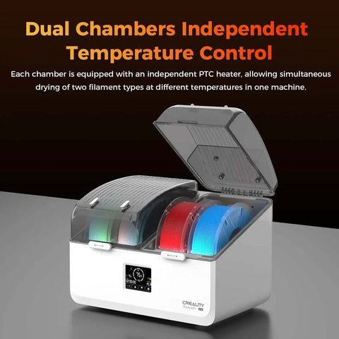 Filament Dryer Box For Four Spools With SpacePi X4L Dual Heating Chambers shown with LED display and dual chambers open