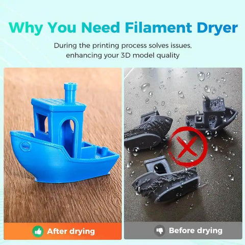 Comparison of a 3D printed boat before and after using Space Pi Filament Dryer All In One 3D Printer Filament Dry Box With 110W PTC Heaters And LCD Touch Screen No Fuss Setup For Fast 360 Degree Hot Air Drying And Easy Filament Storage