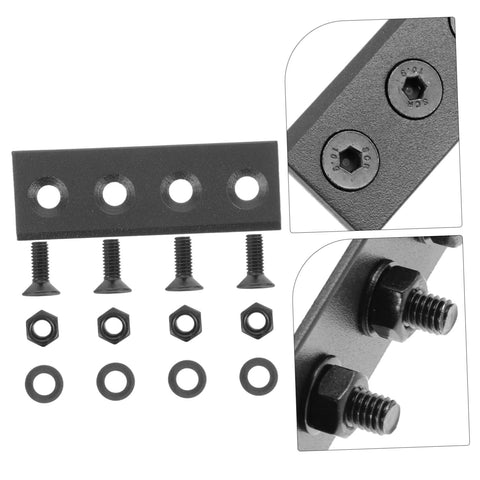 Black Metal Barn Door Track Connector Set For Sliding Barn Door Hardware with flat repair plates, bolts, and brackets displayed