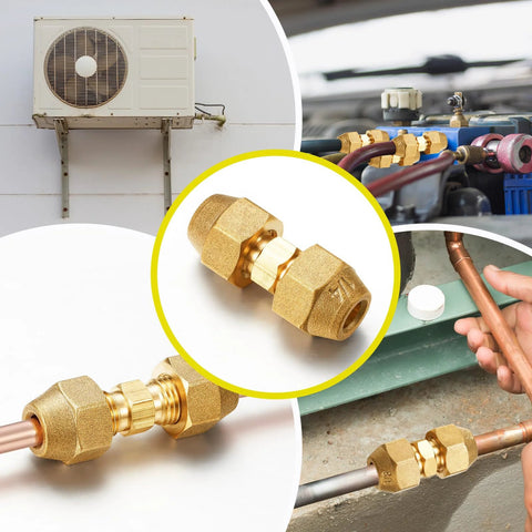 Brass copper pipe extension connectors set of 4 with flare nuts for HVAC, 1/4" and 3/8" fittings