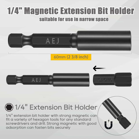 Close-up of 1/4 inch magnetic extension bit holder, suitable for narrow spaces, from 49 Pack Screwdriver Bit Set With One Quarter Inch Bit Holder And One Quarter Inch Hex Shank S2 Steel Includes Hex Torx Square Slotted Phillips Bits One Inch Long For Industrial Use And Home Projects.