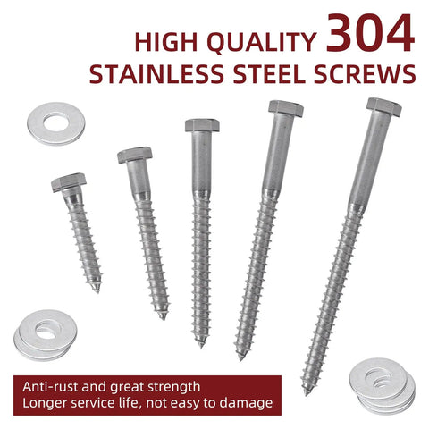 Assorted Heavy Duty Wood Lag Screws Set 304 Stainless Steel 3/8 Inch By 3 Inch Hex Head Bolts and Washers displayed