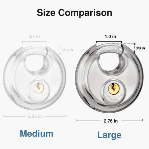Size comparison of Stainless Steel Discus Padlock With Three Eighths Inch Hardened Shackle For Sheds, Garages, Fences And Storage Units, 70mm body