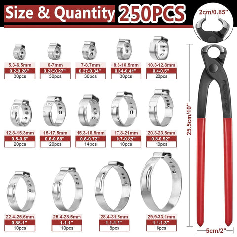 250 Pieces 14 Size Single Ear Hose Clamp Kit 5.3 To 33.1 Mm 304 Stainless Steel Ear Clamp Kit With Ear Clamp Pincer displayed