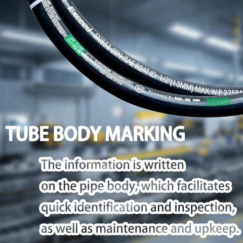Hydraulic hose, 1/2 in NPT to 1/2 in NPT, 18 in long, black with white markings.