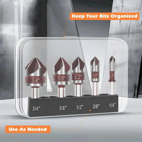 5 Piece Countersink Drill Bit Set With 82 Degree Premium HSS Countersink Bits Quick Change Hex Shank One Quarter To Three Quarter Inch For Wood Metal And Plastic Projects Durable And Precise For Woodworking Metalworking And Plastic Applications in case with labeled size slots.