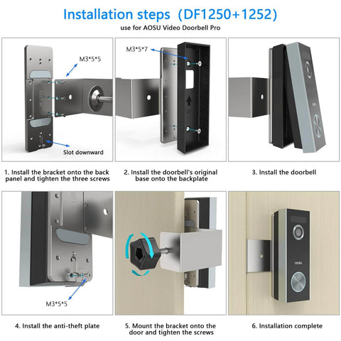 Installation steps for Anti Theft Doorbell Mount For AOSU Video Doorbell SE Pro Ultra No Drilling Bracket display various stages.