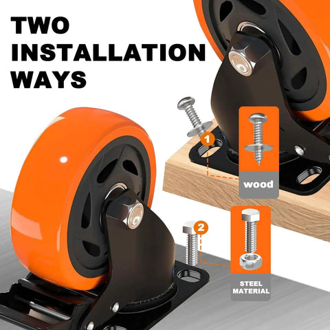 Set of 4 4-inch orange heavy-duty locking caster wheels with mounting plates and dual brakes
