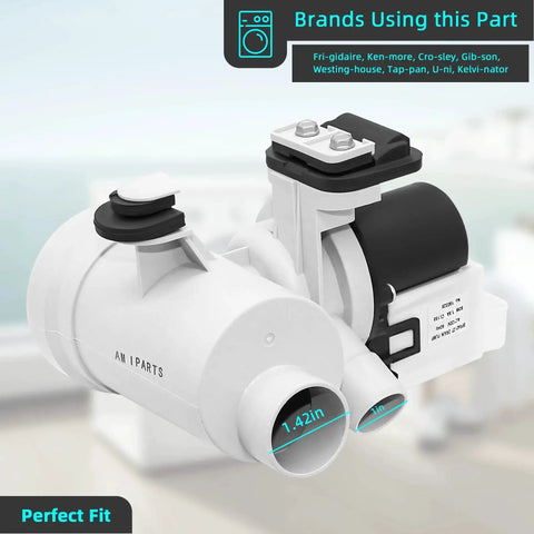 Washer drain pump assembly by AMI Parts, white plastic housing with black motor, dual outlet ports (1.42 in and 1 in)
