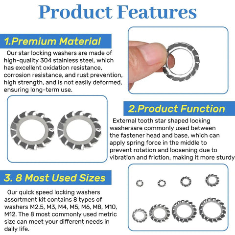 Front view of a 570-piece stainless steel external-tooth star locking washer set in eight metric sizes (M2.5–M12).