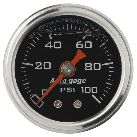 Front view of Autogage Fuel Pressure Gauge 2174 for car dash black face with 1/8 inch NPT back fitting and liquid dampened movement