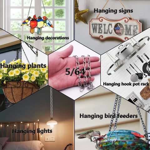 304 Stainless Steel Heavy Duty Link Chain For Hanging Safety And Anti Theft in various uses like decorations, plants, and lights.