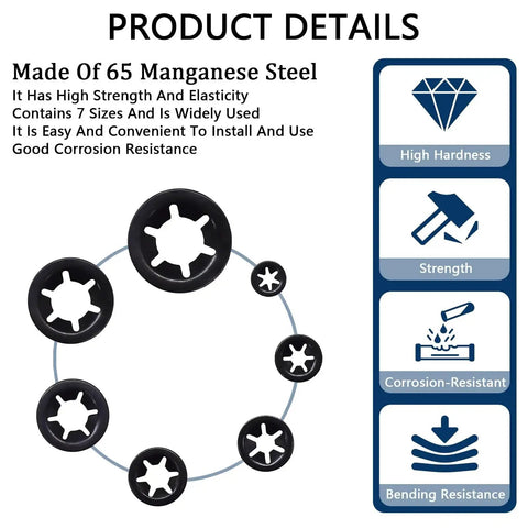 Front view of Renashed 340-pc internal-tooth star lock washers kit, M3–M12, 65Mn steel with black oxide finish, 7 sizes.