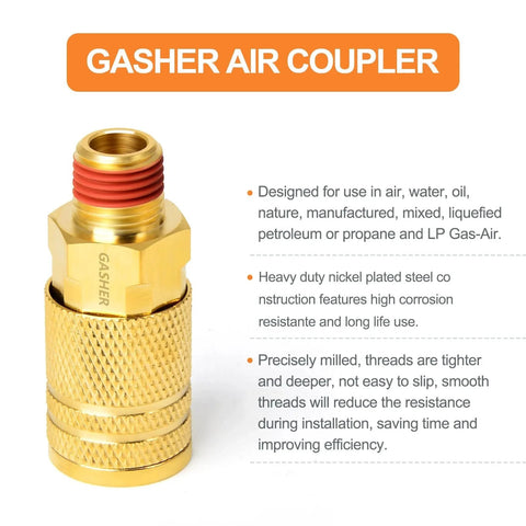 Gasher air coupler with nickel plated steel construction, designed for air, oil, and gas use, showing corrosion resistance features.