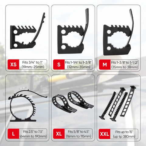 Illustration of various rubber clamp mounts for different tool sizes. Includes large clamp for 2.5 to 7.5 inch diameter tools holding 49 lbs.