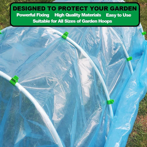 Greenhouse clamps for 1/2 in PVC pipe; white hoops with green clips securing plastic film cover.