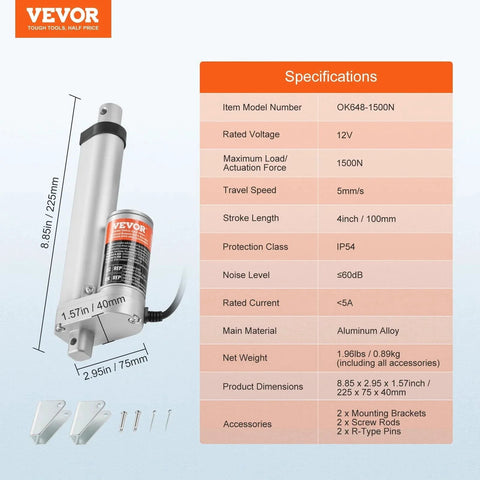 Product image showing Heavy Duty 12V Linear Actuator, 4 Inch Travel, 330 Lbs Load, includes mounting bracket, IP54 weatherproof