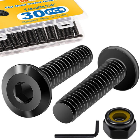 30 Piece Set Of 1/4-20 X 3/4 Inch Flat Head Socket Head Screws In 304 Stainless Steel With Spare Nylon Lock Nuts And Hex Spanner