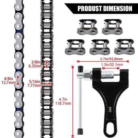 Beefy 420 Motorcycle Chain With 132 Links For 50cc Through 212cc ATVs And Dirt Bikes Fits Coleman SSR TaoTao Coolster Apollo Baja Kazuma And More Includes A Handy Chain Breaker Tool, shown with dimensions and components