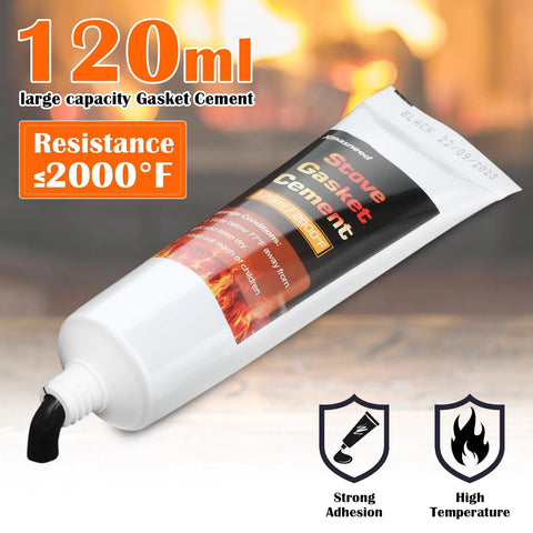 Stove gasket cement tube, white with black label, 120 ml, high-temperature adhesive for wood stove doors.