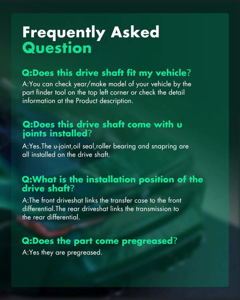 SCITOO driveshaft FAQ panel on a green background with vehicle-fit questions; blurred car image in the back.