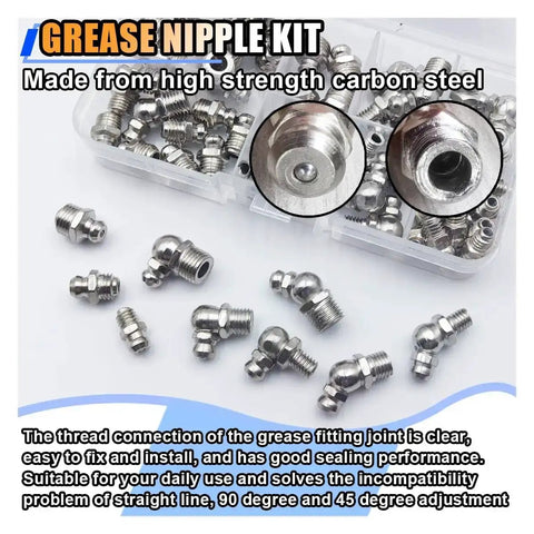 60 Piece Metric Grease Fittings Kit With M6 M8 M10 And One Quarter Inch One Eighth Inch Straight And Angled Zerk Adapters