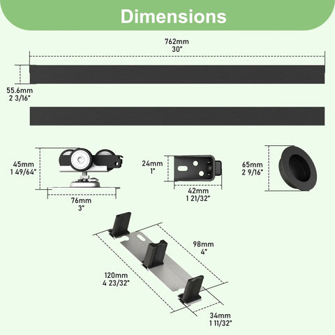 Heavy Duty Aluminum Bypass Door Hardware Kit For Sliding Closet Doors dimensions showing 5 foot track and components