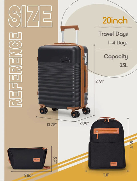 Airline Approved Carry On Luggage 22x14x9, 20 Inch ABS Hard Shell Suitcase With TSA Lock and 8 Smooth Rolling Silent Spinner Wheels size reference chart