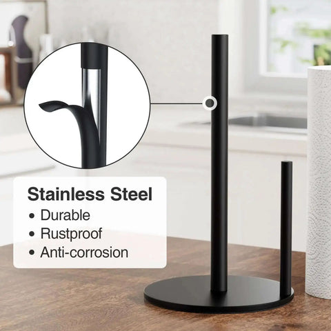 Matte Black Stainless Steel Paper Towel Holder With Weighted Base, Topnotch Durable Kitchen Roll Dispenser, countertop view in kitchen