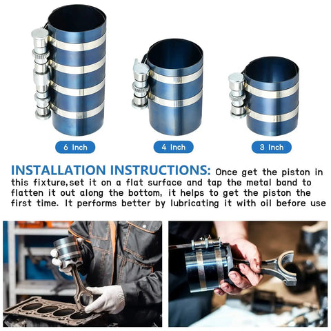 All In One 8 Piece Piston Ring Compressor Kit For Car Engines With Adjustable 3 Inch 4 Inch And 6 Inch Diameters Includes Pliers Hex Keys And Stainless Steel Feeler Gauge For Fast Engine Builds Worldity showing three piston ring compressors and usage instructions