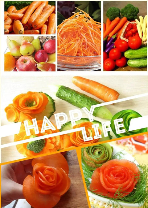 Assorted images of carrots, cucumbers, and fruits, with spiralized and crinkle cut presentations showcasing Carrot And Cucumber Spiral Cutter And Crinkle Slice Tool With Stainless Steel Blade Veggie Slicer And Peeler No Fuss Mini Funnel Spiralizer Non Slip Grip Easy Clean ABS Body For Fruits And Vegetables. "Happy Life" text overlay.