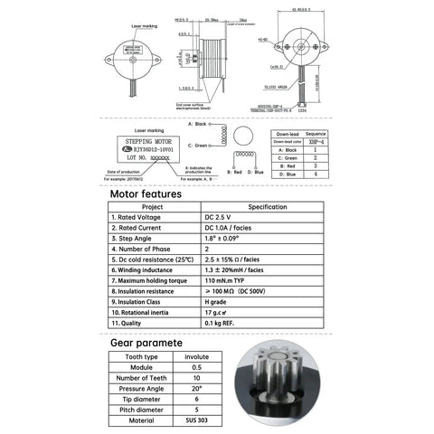 High Temperature Nema 14 36mm Pancake Stepper Motor 1A With 10 Tooth Gear For Voron 2.4 CW2 Sherpa Mini Orbiter Extruder And Ender 3 V2 Pro Upgrade For Smooth Heat Resistant Reliable 3D Printing Performance specifications and diagram