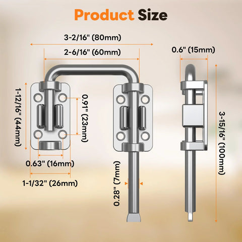 Beefy Heavy Duty 2.36 Inch Stainless Steel U Bolt Door Lock For Sliding Doors Barn Doors Windows Gates Sheds Or Fences With 90 Degree And 180 Degree Install Rust Resistant Patio Latch showing dimensions and components