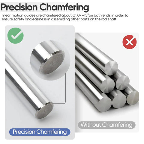 Image showing linear motion rods with precision chamfering and without, indicating differences for safety and assembly.