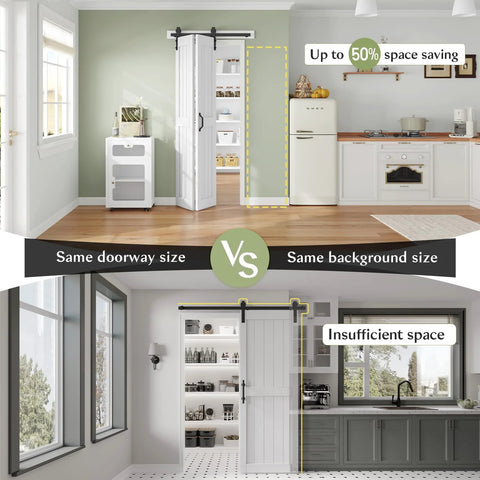 Double Bi Fold Barn Doors 42 By 84 Inches White With Hardware Track Kit Included shown in a kitchen, space-saving sliding design.