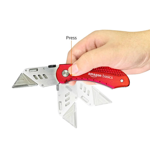 Hand holding Folding Utility Knife With Back Lock Lightweight Aluminum Handle Red Box Cutter, showing blade and back lock mechanism