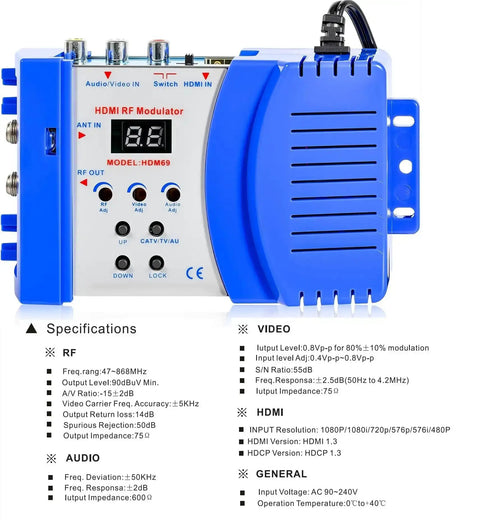 RF Modulator For TV Transforms HDMI Or CVBS RCA Into RF Coaxial, VHF UHF Output, front view with connectors and specifications