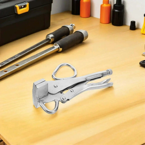Pro Grade Heavy Duty Auto Body Frame Pulling Clamp With Extra Wide Duckbill Jaw on a workshop table