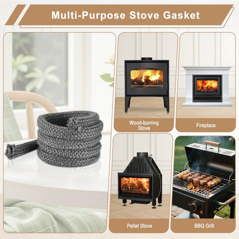 Komokeru wood stove gasket rope coil, 1x86 in, shown with 4 appliances: wood stove, pellet stove, fireplace, grill